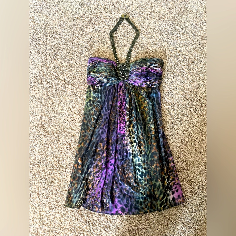 Multicolored leopard dress with chain/necklace detail. Worn once for NYE